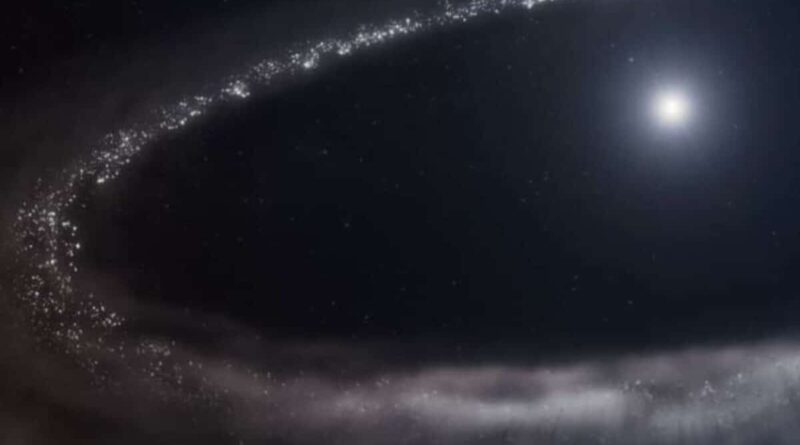 Dark Star Discovery captured as a luminous ring of cosmic dust surrounding a bright young star in deep space