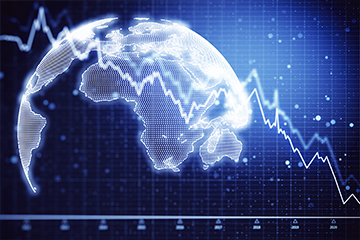 Digital globe with financial graphs illustrating global market volatility and economic instability triggered by rising U.S.–Iran geopolitical tensions