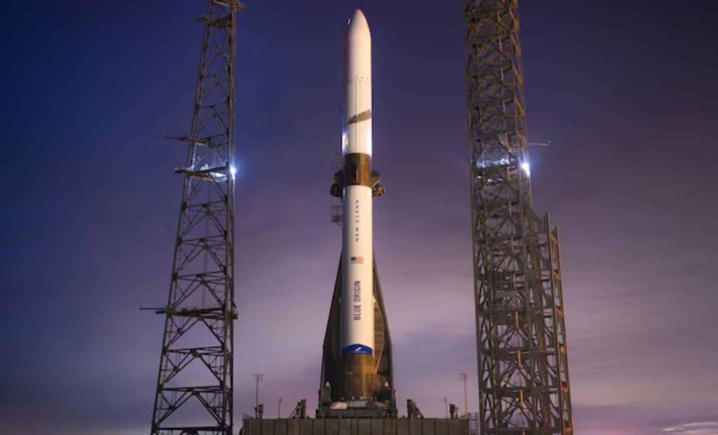Blue Origin New Glenn rocket standing on the launch pad at dusk