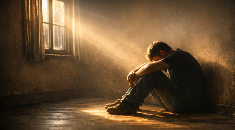 A man sitting on the floor in a dimly lit room, his head bowed, illuminated by warm sunlight streaming through a window — a moment of silence between collapse and rebirth.