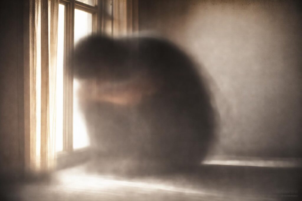 A woman sitting on the floor near an old window, her head bowed on her knees, illuminated by warm sunlight streaming through the dusty air — a quiet moment between despair and awakening.