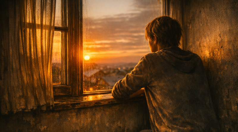 A person sitting by an old window at sunset, watching the world outside in silence as warm light fills the room — a moment of quiet reflection on unseen human stories.