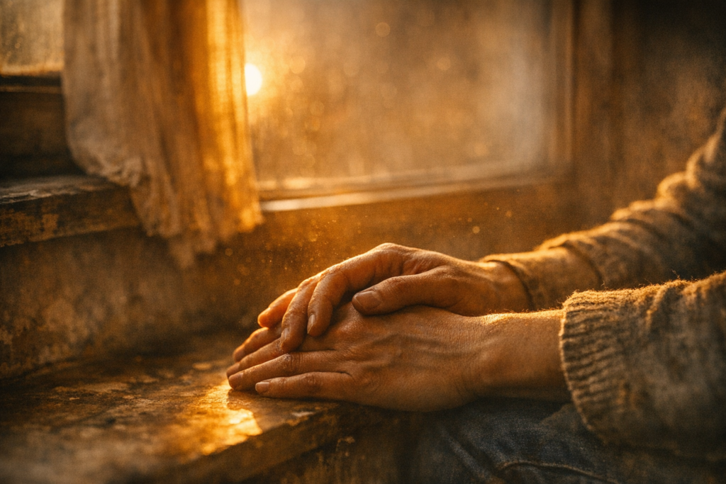 Hands resting together near an old window, illuminated by warm sunset light — a quiet moment of reflection and human connection.