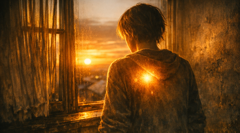 A silhouetted person standing before an old window at sunset, with a warm inner glow radiating from the chest — symbolizing the quiet light that remains when everything else fades.