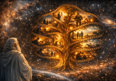 God observing the universe from beyond, watching humanity’s lives unfold inside a glowing tree of possibilities.