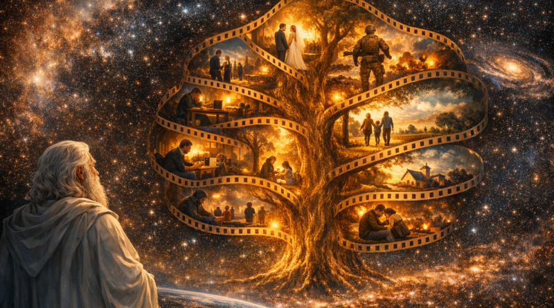 God observing the universe from beyond, watching humanity’s lives unfold inside a glowing tree of possibilities.