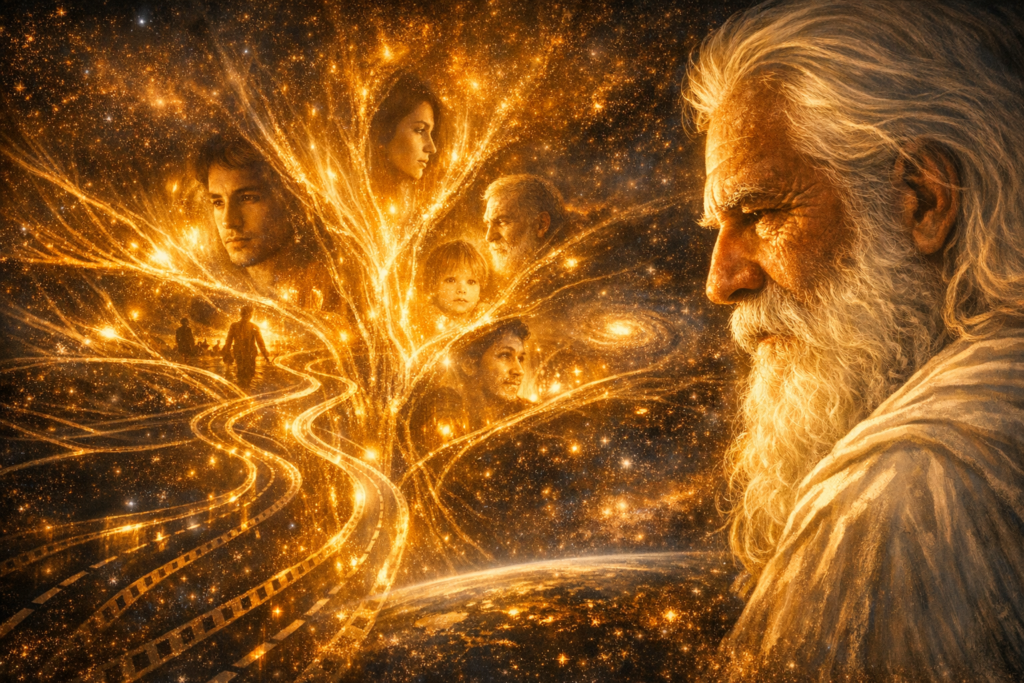   God observing up close the intertwined cosmic roots where human faces and paths of light are reflected.
