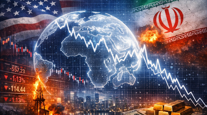 Digital composite showing global market volatility with a glowing world map, falling stock graphs, U.S. and Iranian flags, and an explosion symbolizing geopolitical tension