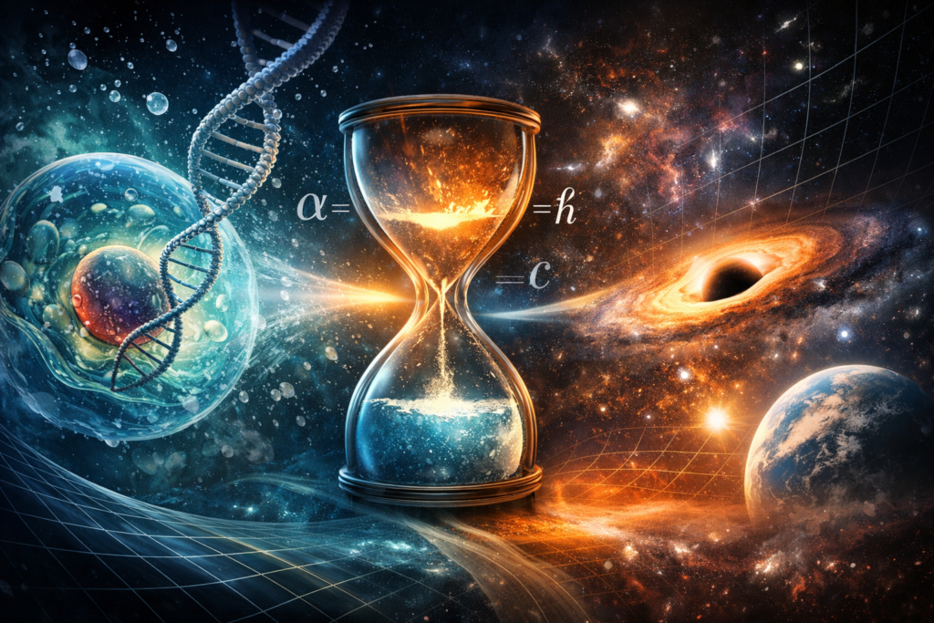 A conceptual widescreen illustration showing the idea of cosmic fine‑tuning: a glowing hourglass connecting a living cell and a black hole, symbolizing the delicate balance between physics and biology.