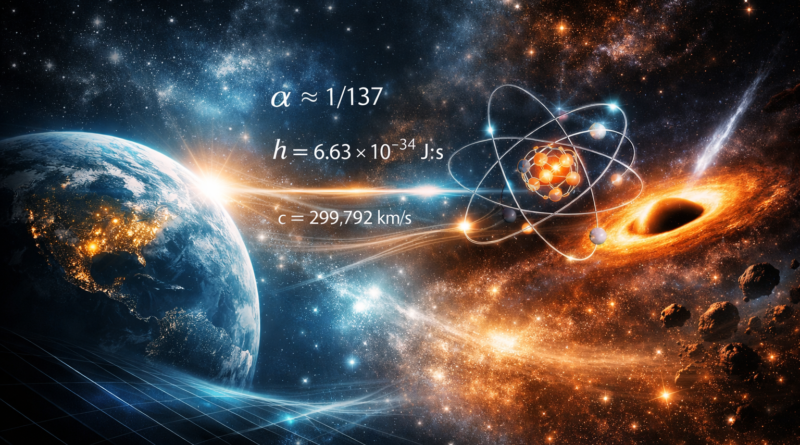 Cosmic Fine‑Tuning for Life illustrated through a realistic‑futuristic scene showing Earth, atomic particles, and a black hole connected by beams of light.