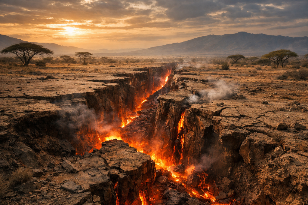Geology continental rift in East Africa showing cracked earth and glowing magma beneath the surface.