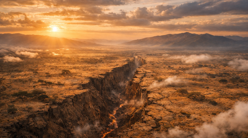 Geology aerial view of the East African Rift Valley at sunset, showing a massive continental fracture illuminated by golden light.