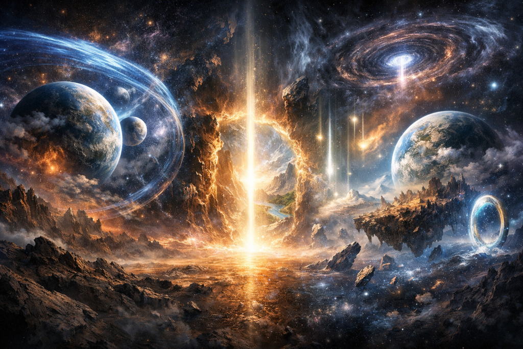 Cosmology and Conscioussciousness cosmic landscape with parallel universes, hidden dimensions, and an interdimensional energy portal