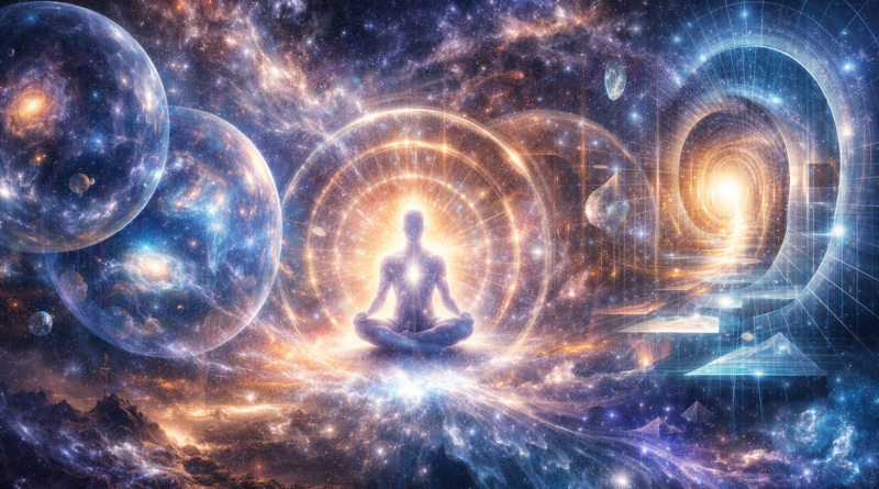 Cosmology and Conscioussciousness cosmic scene with a meditating figure, parallel universes, and hidden dimensions