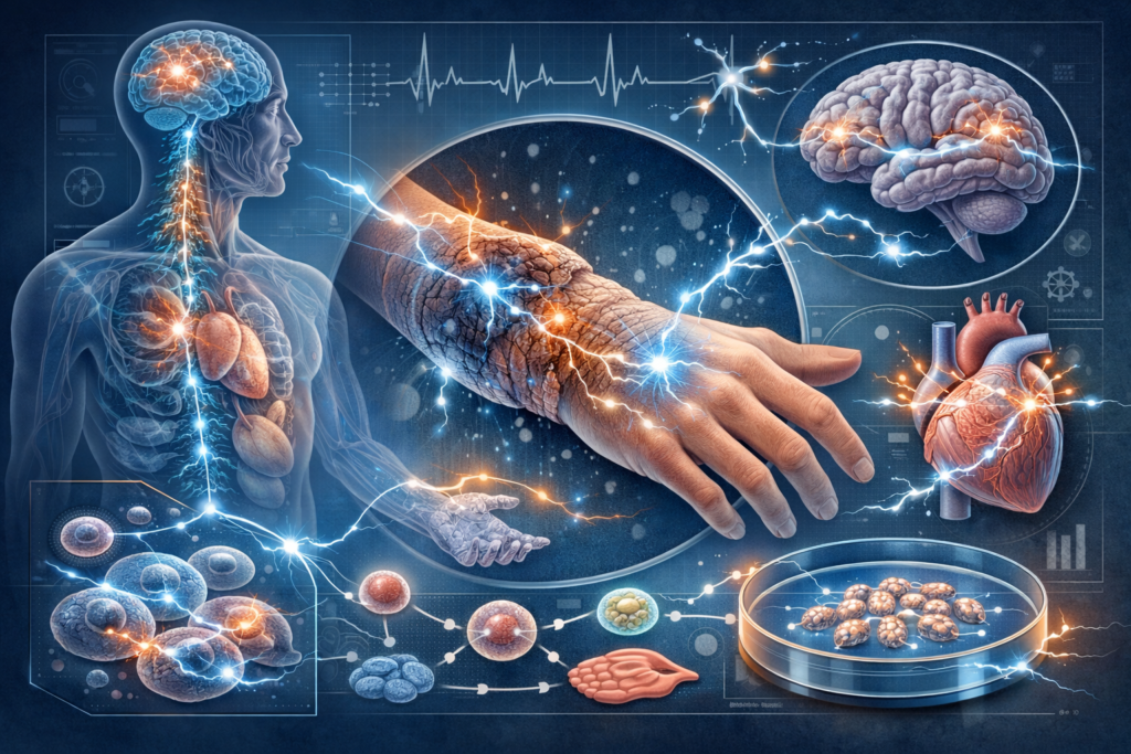 Bioelectric Medicine – scientific illustration of cellular regeneration and controlled electrical signaling Bioelectric Medicine scientific illustration showing cellular regeneration through controlled electrical signaling