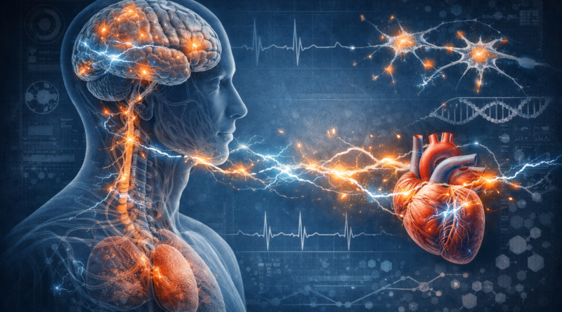 Bioelectric Medicine human profile showing brain and heart connected by electrical signals