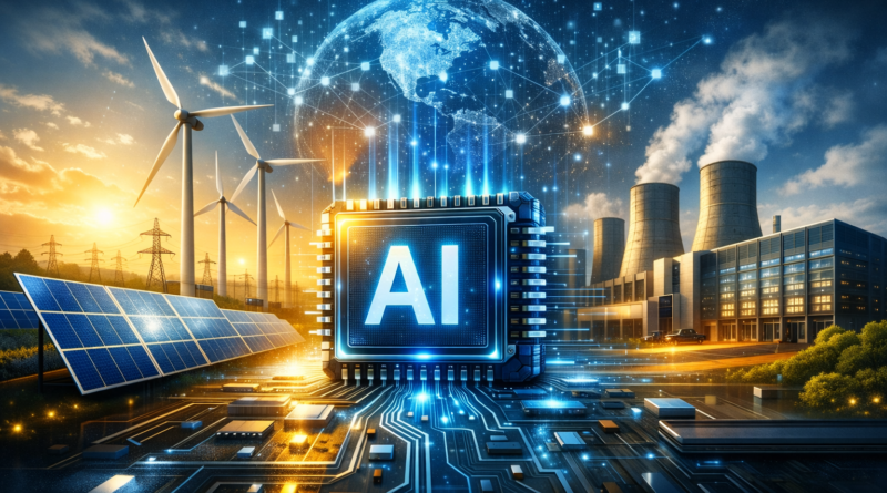 AI chip energy efficiency illustrated through advanced microchip technology and global energy systems.