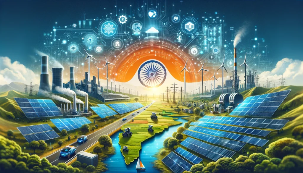 AI chip energy efficiency illustrated through renewable energy systems and digital infrastructure.