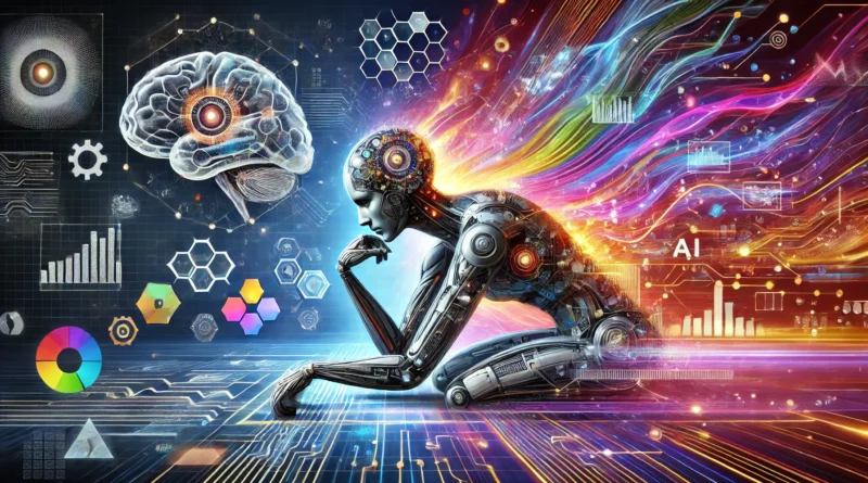 Futuristic AI thinker with human brain circuitry, glowing data streams, and digital intelligence symbols.