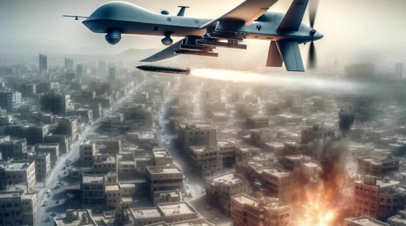 Military drone launches a missile over a densely populated city, striking a building during an escalating Middle Eastern conflict.