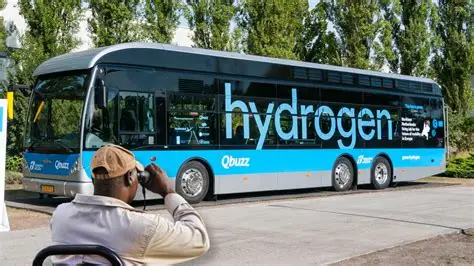 Hydrogen‑powered Qbuzz bus in service, featuring zero‑emission fuel‑cell technology and modern blue livery.