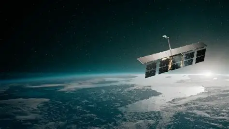 Satellite orbiting above Earth with solar panels extended, capturing the planet’s curvature and cloud formations from space.