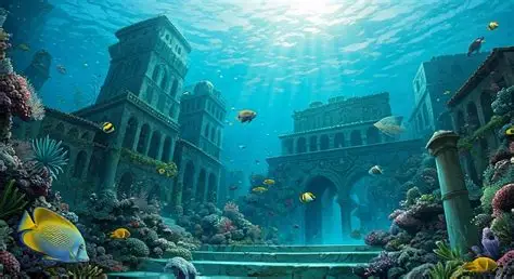 Underwater ruins of an ancient city resembling Atlantis, with stone arches, coral‑covered structures, and fish swimming through sunlit blue water.