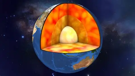 Cross‑section illustration of Earth showing the crust, mantle, outer core, and inner core with heat gradients.