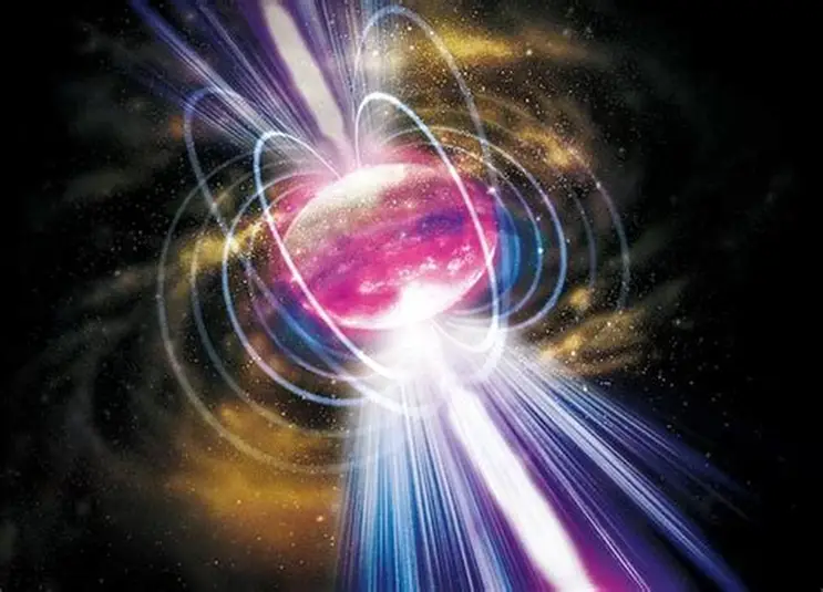 Magnetar SGR 1806‑20 Releasing Extreme Gamma‑Ray Energy The most powerful explosion in the universe illustrated as a magnetar releasing intense gamma‑ray beams and magnetic field lines in deep space.