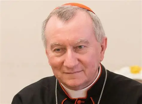 Catholic cardinal wearing a black cassock with red piping and a red skullcap in a formal indoor setting.