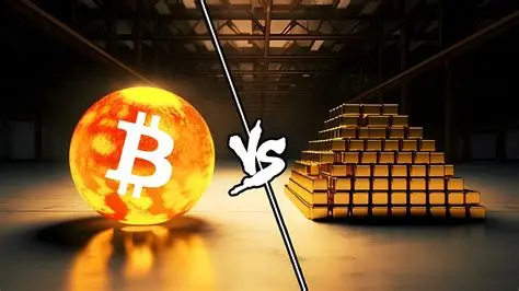Bitcoin vs Gold visual comparison showing gold bars and Bitcoin coins divided by a lightning bolt.