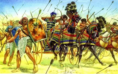Ancient History battle scene showing Egyptian and Hittite chariots clashing during the Battle of Kadesh.
