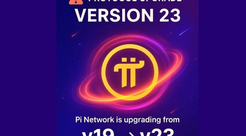 Pi Network Protocol Upgrade Version 23 announcement with glowing Pi logo and neon circular energy rings on a dark futuristic background
