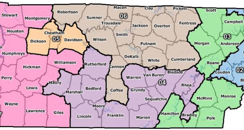 Tennessee congressional map showing newly redrawn political districts across the state