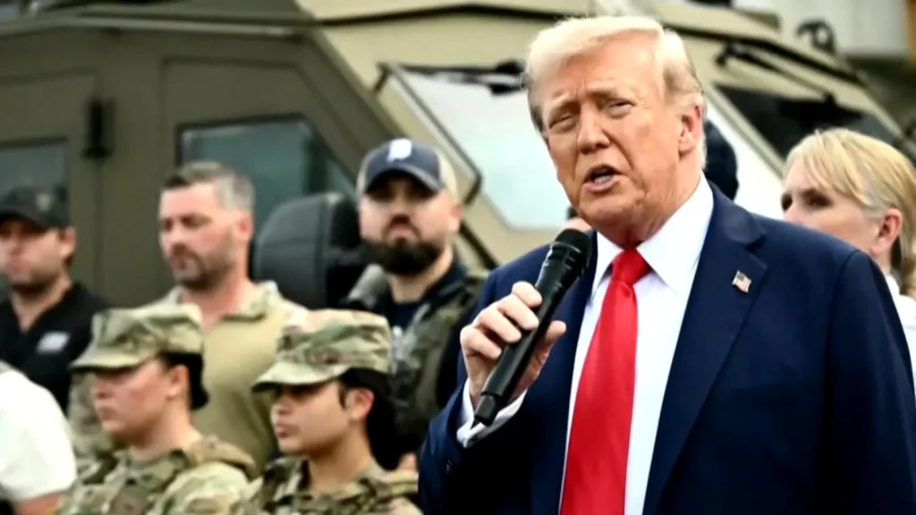 President Donald Trump speaks into a microphone in front of military personnel and an armored vehicle during a security event.