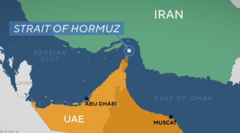 Map showing the Strait of Hormuz between Iran and Oman, highlighting surrounding countries, major shipping lanes, and the narrow maritime passage used for global oil transport.