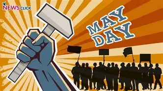 Illustration of a raised blue hand holding a hammer with silhouettes of protesters and flags behind it, symbolizing May Day workers’ solidarity.