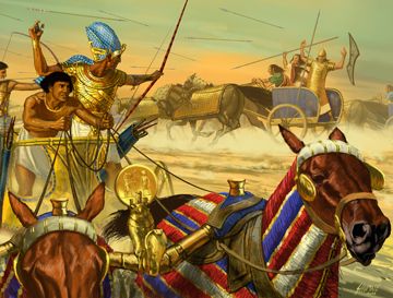 Ancient History battle scene showing Egyptian chariots during the Battle of Kadesh, with Ramesses II leading his forces against the Hittite army.