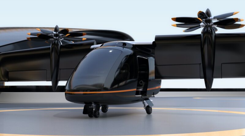 Futuristic electric eVTOL aircraft on a helipad, featuring multiple rotor fans on its wings and a sleek cabin designed for urban air mobility.