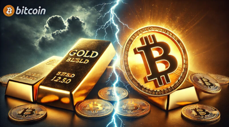 Bitcoin vs Gold visual comparison showing gold bars and Bitcoin coins divided by a lightning bolt.