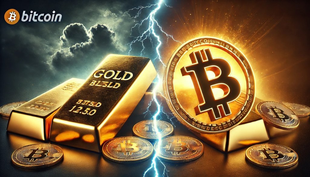 Bitcoin vs Gold visual comparison showing gold bars and Bitcoin coins divided by a lightning bolt.