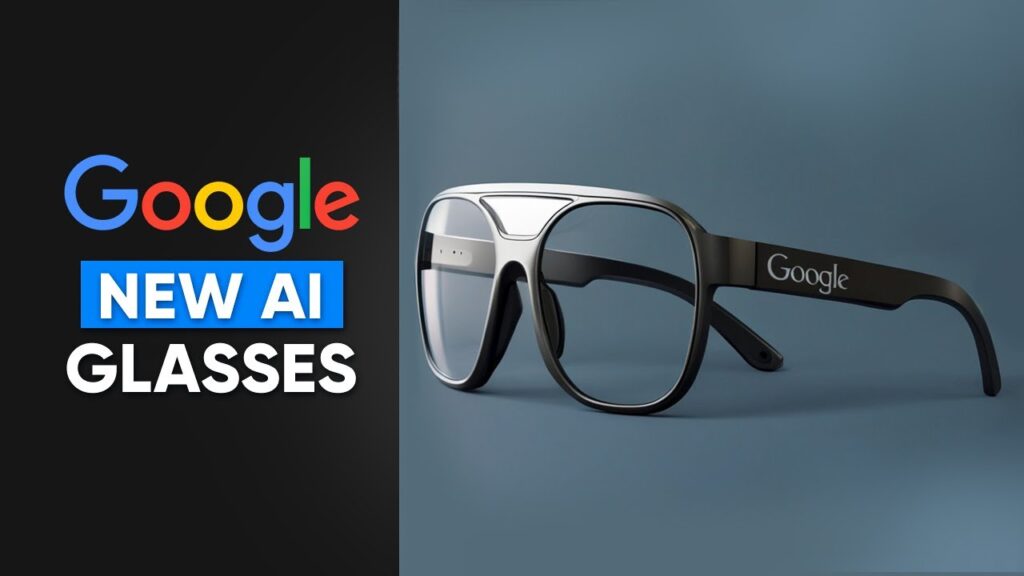 Google’s new AI glasses displayed in a futuristic promotional render Futuristic Google AI glasses with a sleek black frame showcased in a promotional concept image