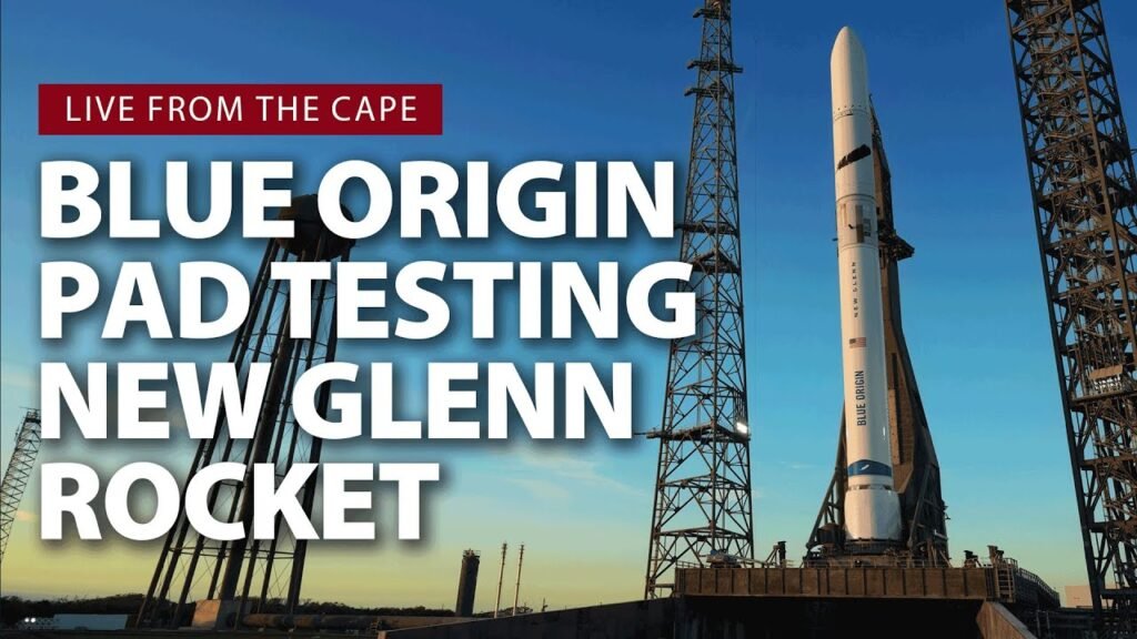 Blue Origin New Glenn rocket on launch pad during live pad testing at sunset