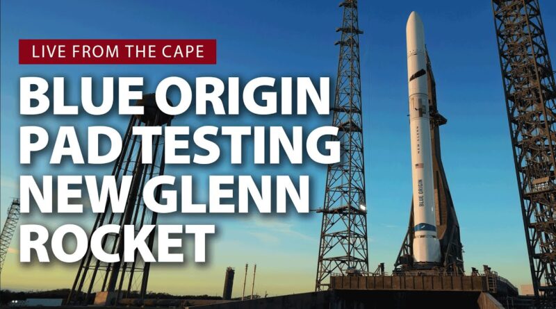 Blue Origin New Glenn rocket on launch pad during live pad testing at sunset