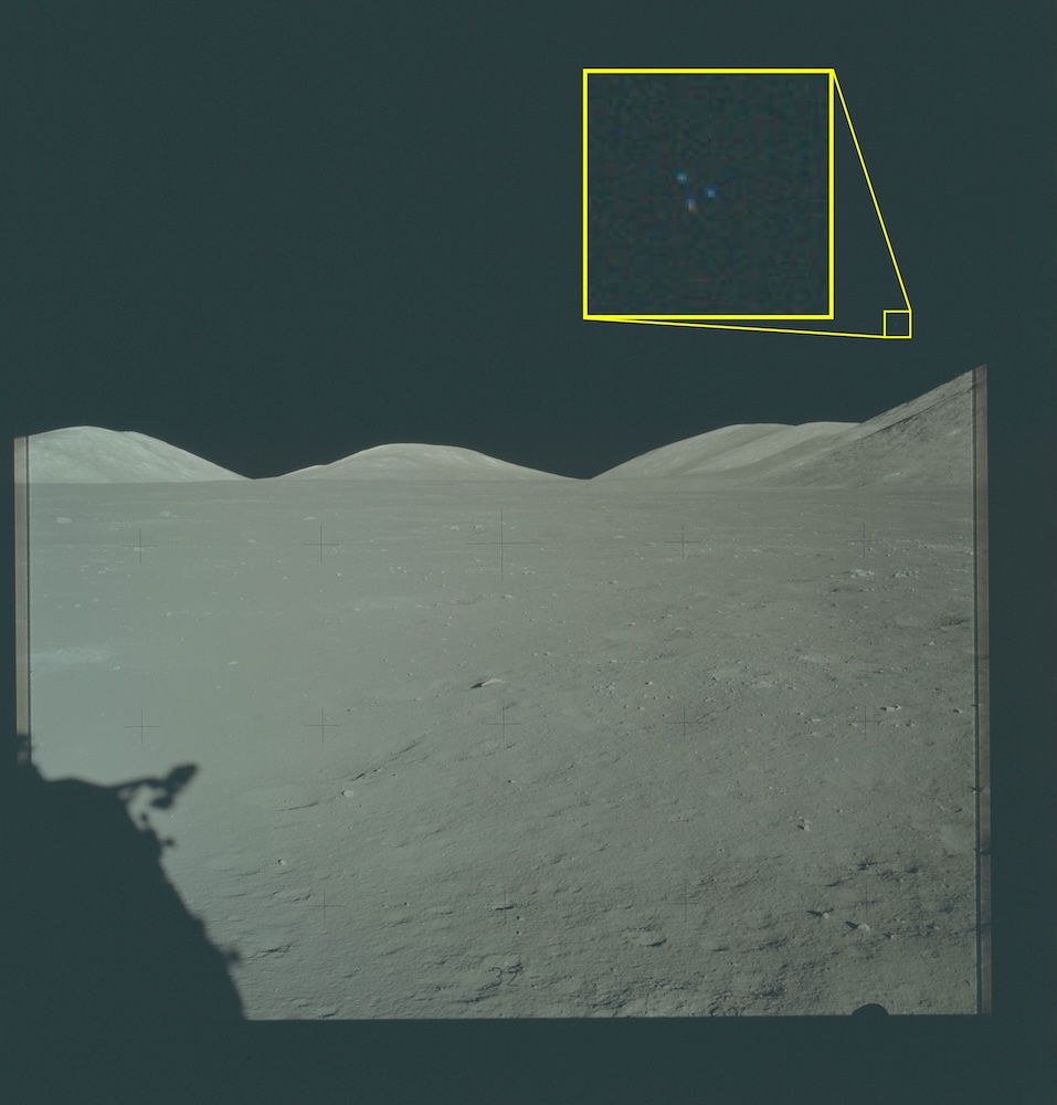 Apollo 17 lunar photograph with highlighted three‑light UAP anomaly. Apollo 17 lunar photograph showing the Moon’s surface with a highlighted triangular anomaly of three blue lights in the upper right sky.