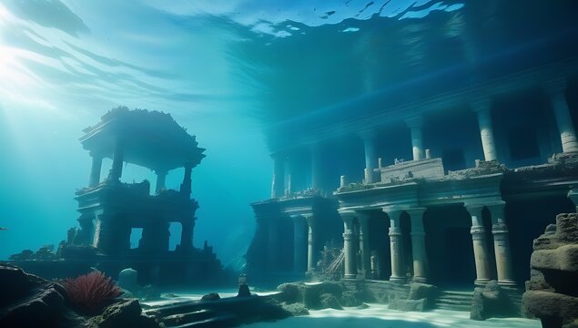 Underwater ruins resembling the lost city of Atlantis, with ancient stone columns and arches illuminated by sunbeams filtering through the deep blue water.
