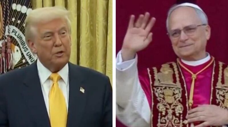 Side‑by‑side portrait of Donald Trump standing before the presidential flag and Pope Leo XIV in red‑and‑gold liturgical vestments raising his hand in greeting.