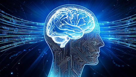 A digital illustration of a human head with glowing neural circuits, symbolizing Extreme Neuroplasticity in a technologically augmented cognitive environment.