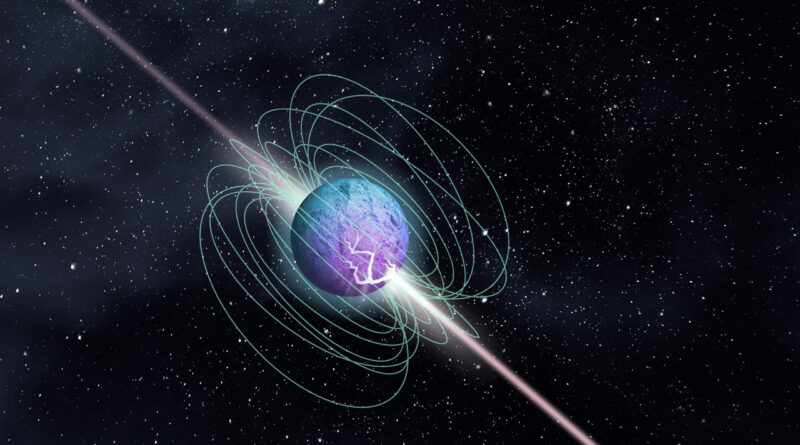 A highly magnetized neutron star emitting powerful gamma‑ray beams and distorted magnetic field lines in deep space.