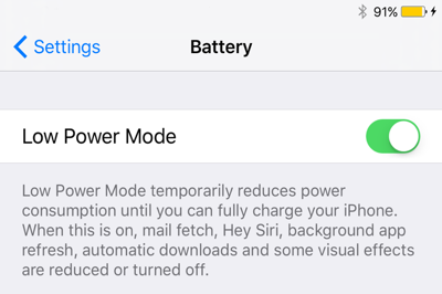 Low Power Mode enabled on an iPhone running iOS 27, showing the battery settings screen with the feature turned on.